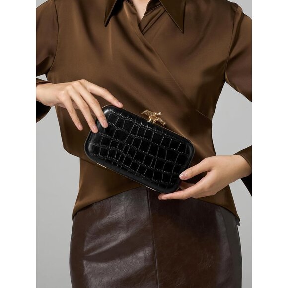 Women's Black Crocodile Leather Formal Evening Shoulder Clutch Chain Strap Bag - Picture 5 of 6